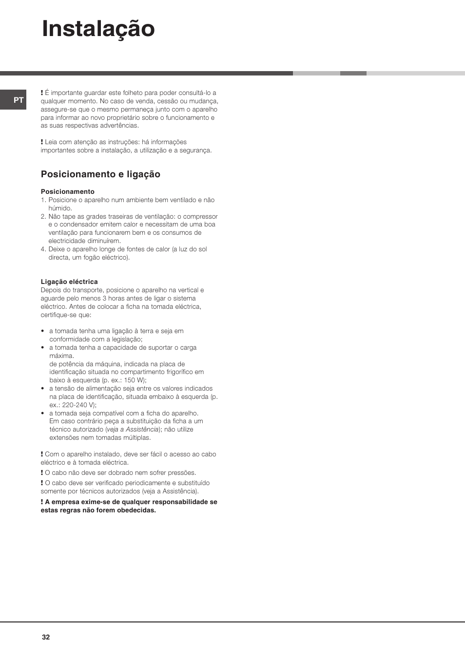 Instalação, Posicionamento e ligação | Ariston BD 2930 HA User Manual | Page 32 / 40