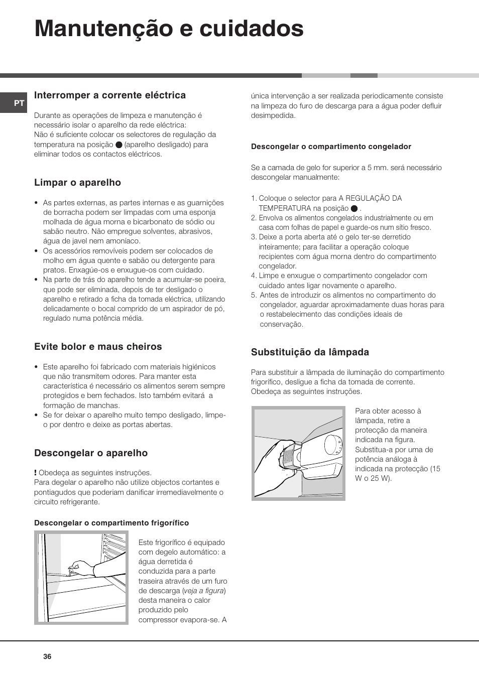 Manutenção e cuidados | Ariston BD 2930 HA User Manual | Page 36 / 40