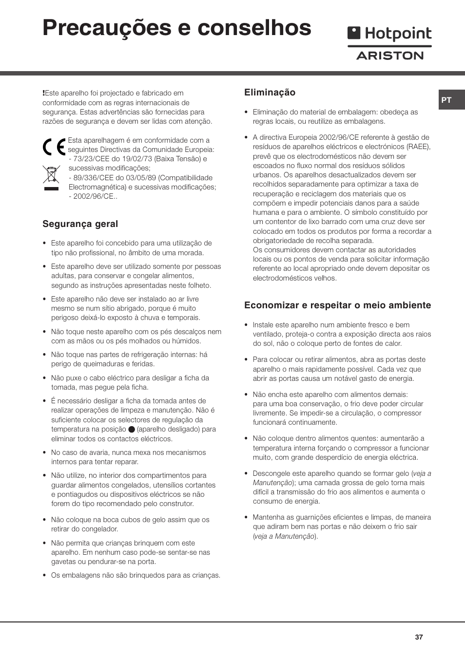 Precauções e conselhos, Segurança geral, Eliminação | Economizar e respeitar o meio ambiente | Ariston BD 2930 HA User Manual | Page 37 / 40