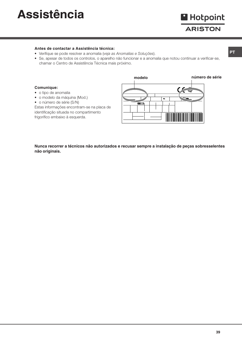 Assistência, Modelo número de série | Ariston BD 2930 HA User Manual | Page 39 / 40