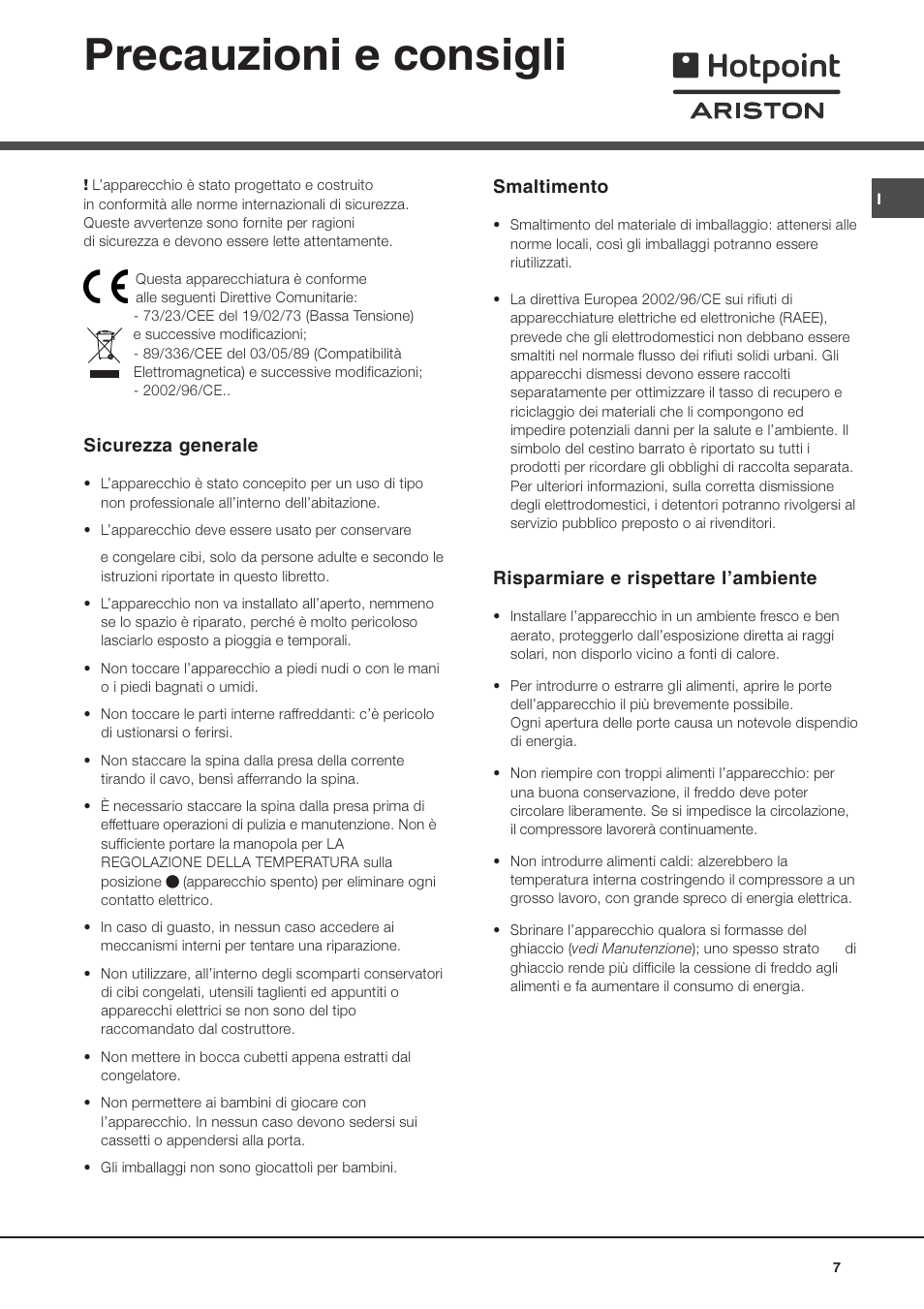 Precauzioni e consigli, Sicurezza generale, Smaltimento | Risparmiare e rispettare lambiente | Ariston BD 2930 HA User Manual | Page 7 / 40