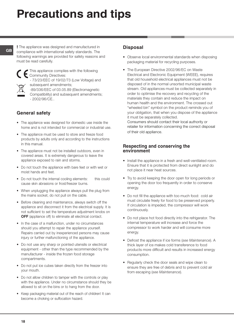 Precautions and tips, General safety, Disposal | Respecting and conserving the environment | Ariston MBL 2021 HA User Manual | Page 18 / 52