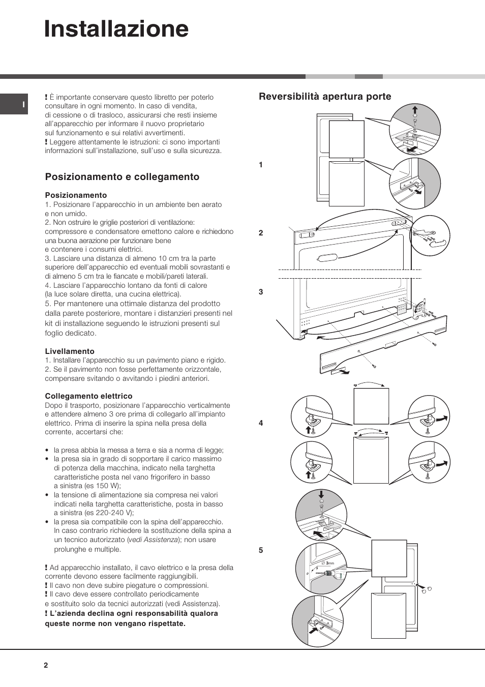 Installazione, Reversibilità apertura porte, Posizionamento e collegamento | Ariston MBL 2021 HA User Manual | Page 2 / 52