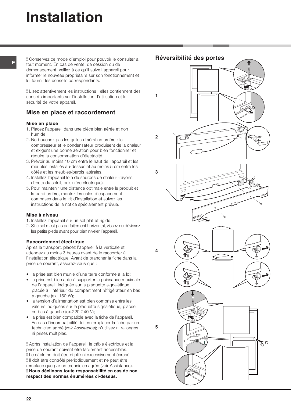 Installation, Réversibilité des portes, Mise en place et raccordement | Ariston MBL 2021 HA User Manual | Page 22 / 52