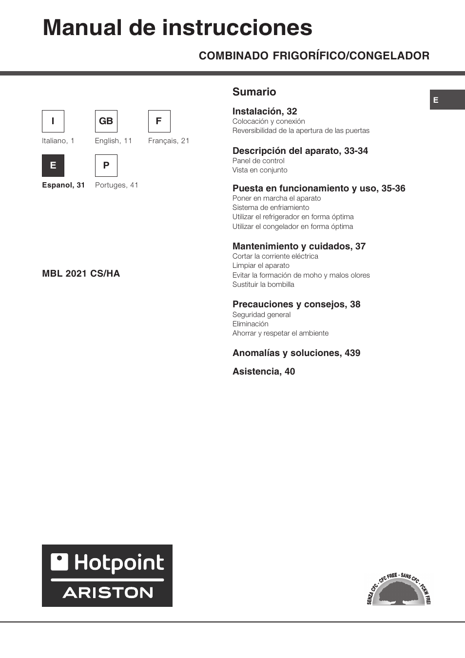 Manual de instrucciones, Combinado frigorífico/congelador, Sumario | Ariston MBL 2021 HA User Manual | Page 31 / 52