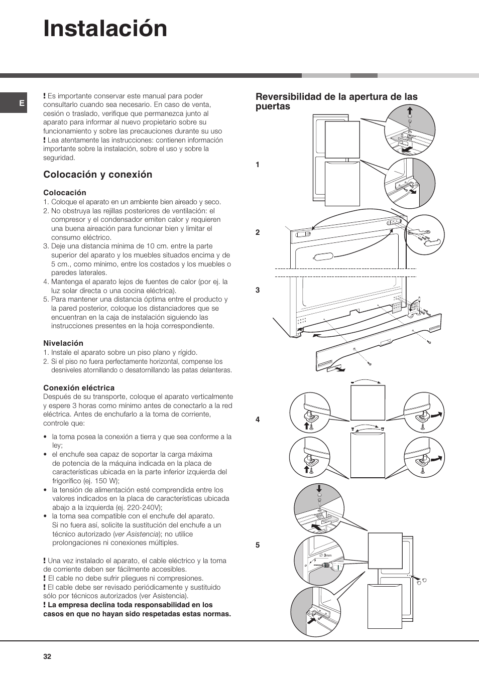 Instalación, Reversibilidad de la apertura de las puertas, Colocación y conexión | Ariston MBL 2021 HA User Manual | Page 32 / 52