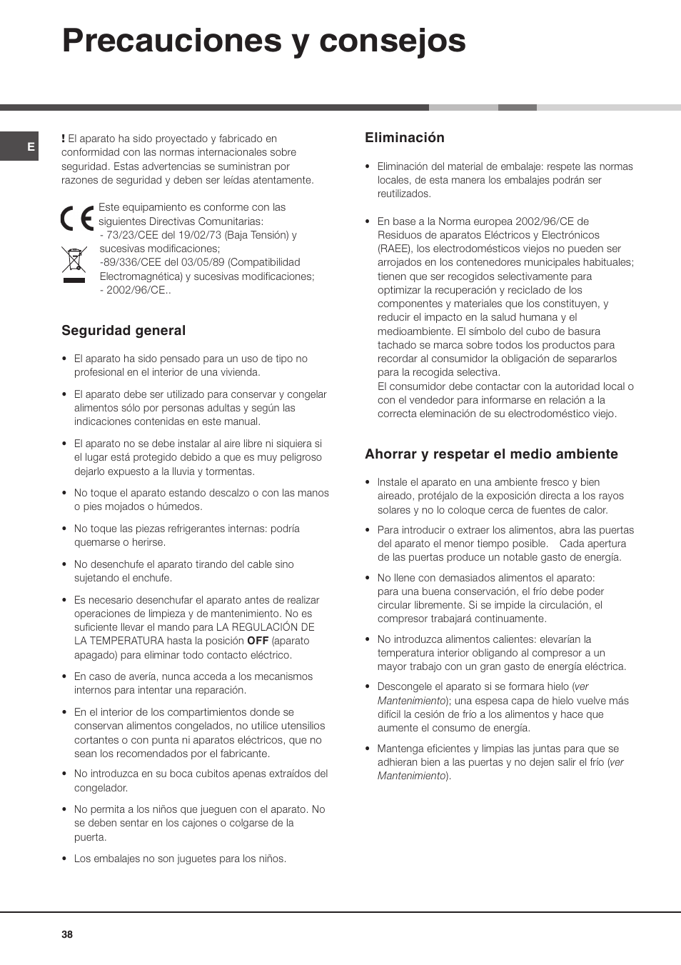 Precauciones y consejos, Seguridad general, Eliminación | Ahorrar y respetar el medio ambiente | Ariston MBL 2021 HA User Manual | Page 38 / 52