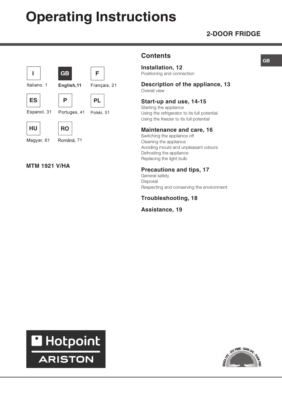 Operating instructions, Door fridge contents | Ariston MTM 1921 User Manual | Page 11 / 80