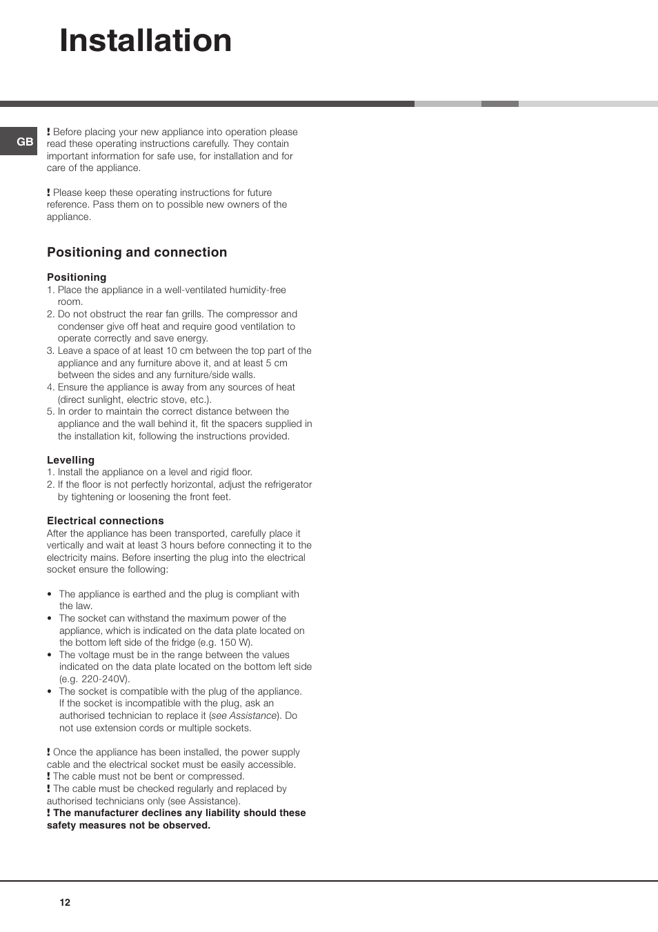 Installation, Positioning and connection | Ariston MTM 1921 User Manual | Page 12 / 80