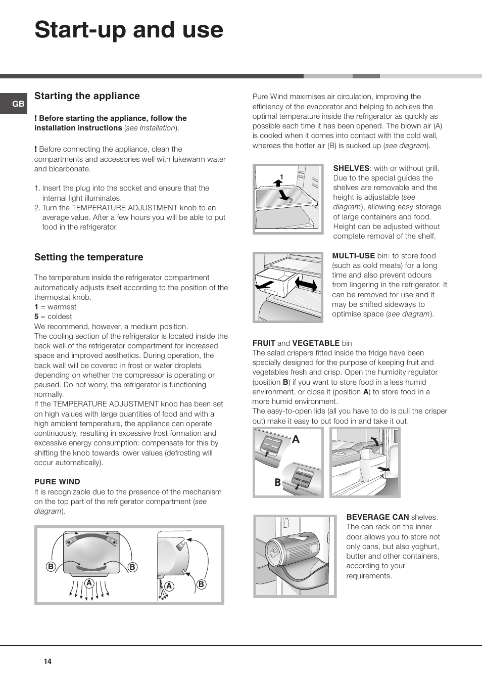 Start-up and use, Starting the appliance, Setting the temperature | Ariston MTM 1921 User Manual | Page 14 / 80