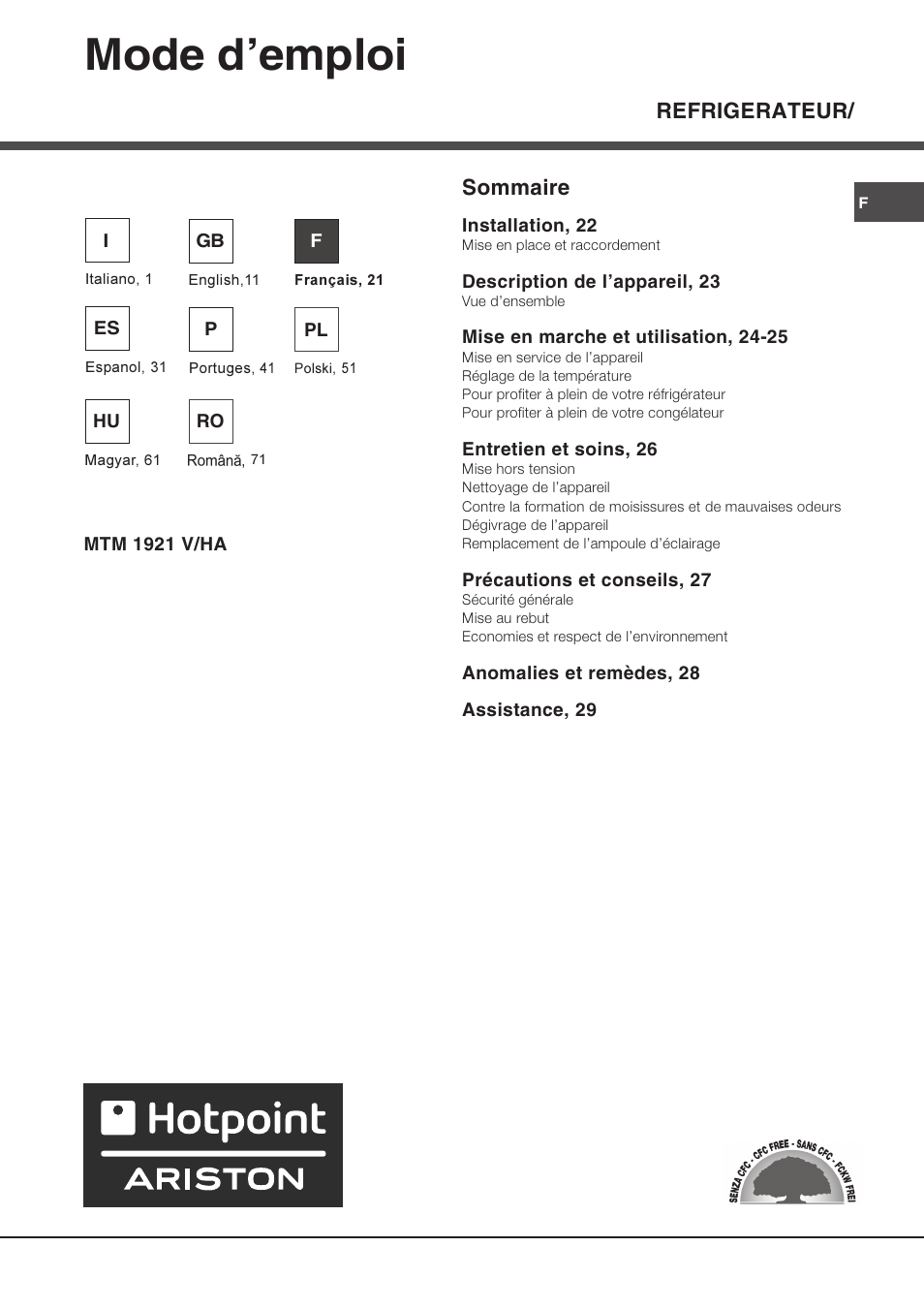 Mode demploi, Refrigerateur, Sommaire | Ariston MTM 1921 User Manual | Page 21 / 80