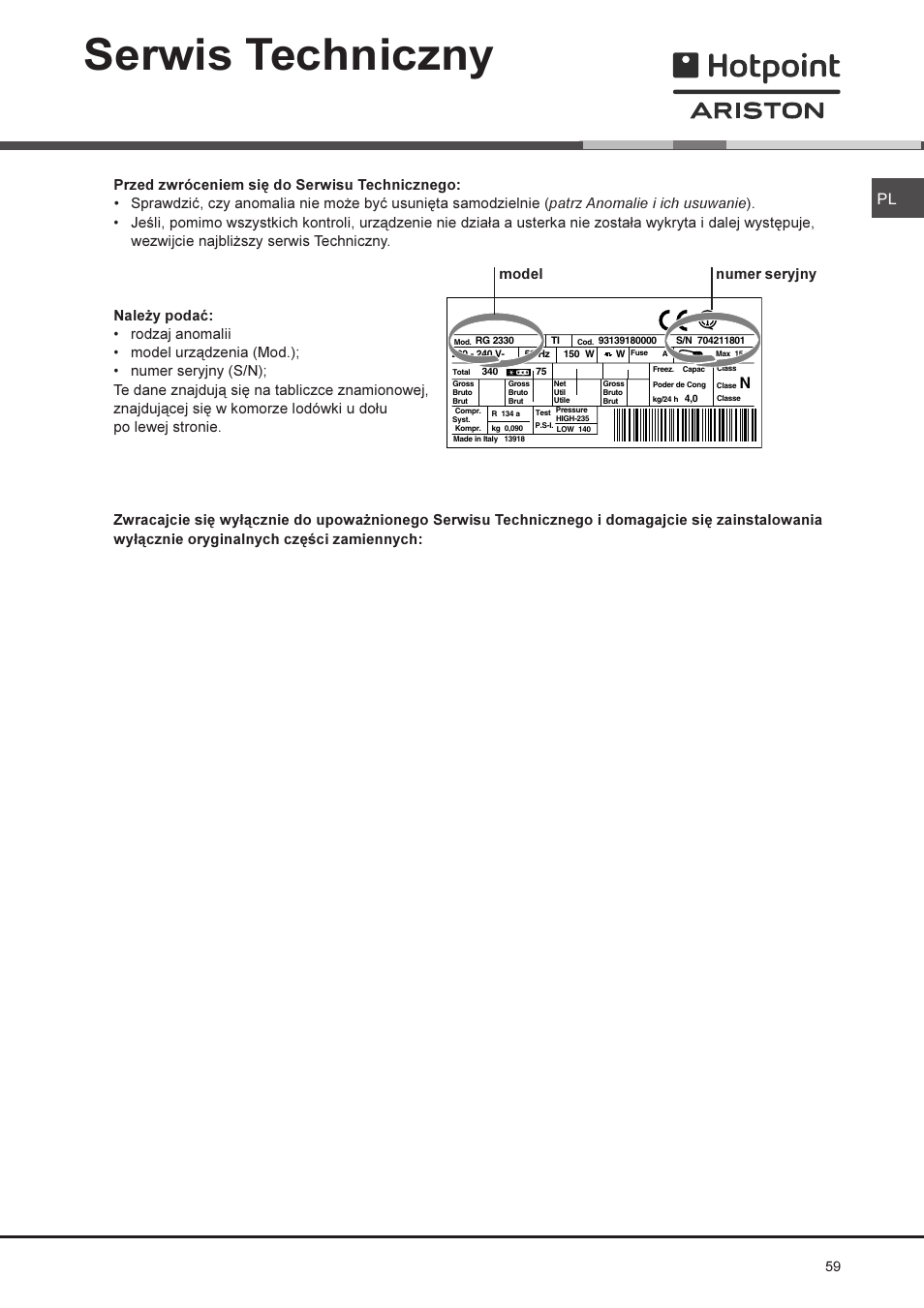 Serwis techniczny, Model numer seryjny | Ariston MTM 1921 User Manual | Page 59 / 80