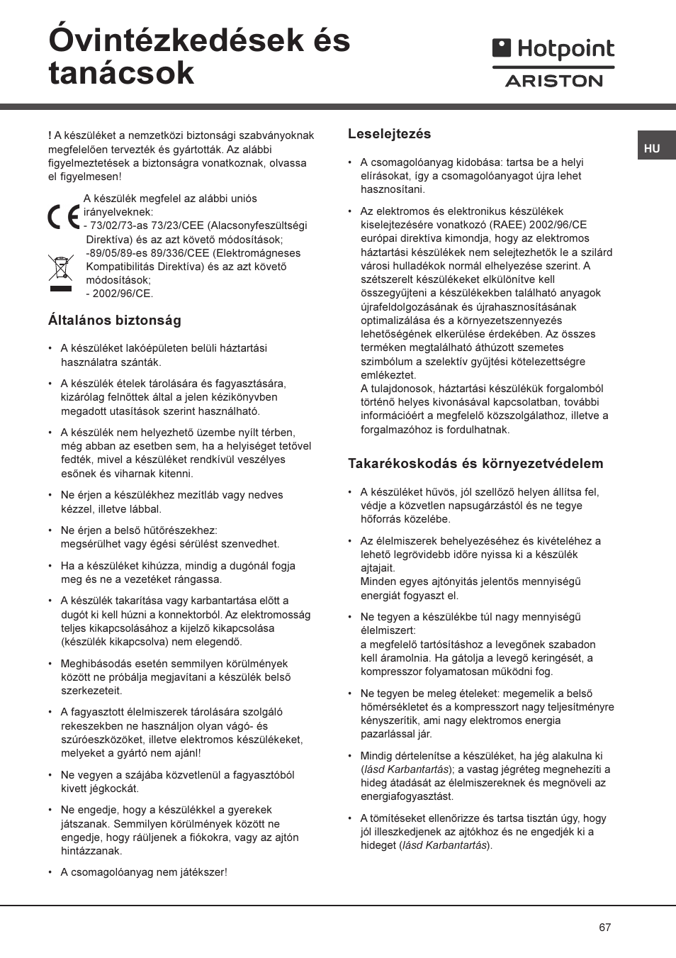 Óvintézkedések és tanácsok | Ariston MTM 1921 User Manual | Page 67 / 80