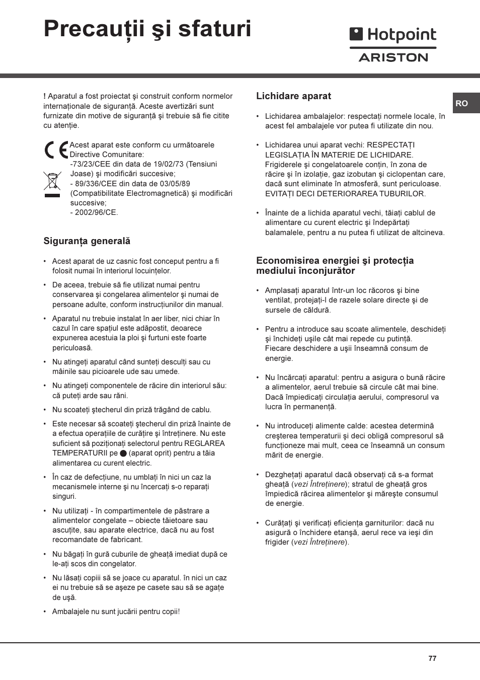 Precauþii ºi sfaturi | Ariston MTM 1921 User Manual | Page 77 / 80