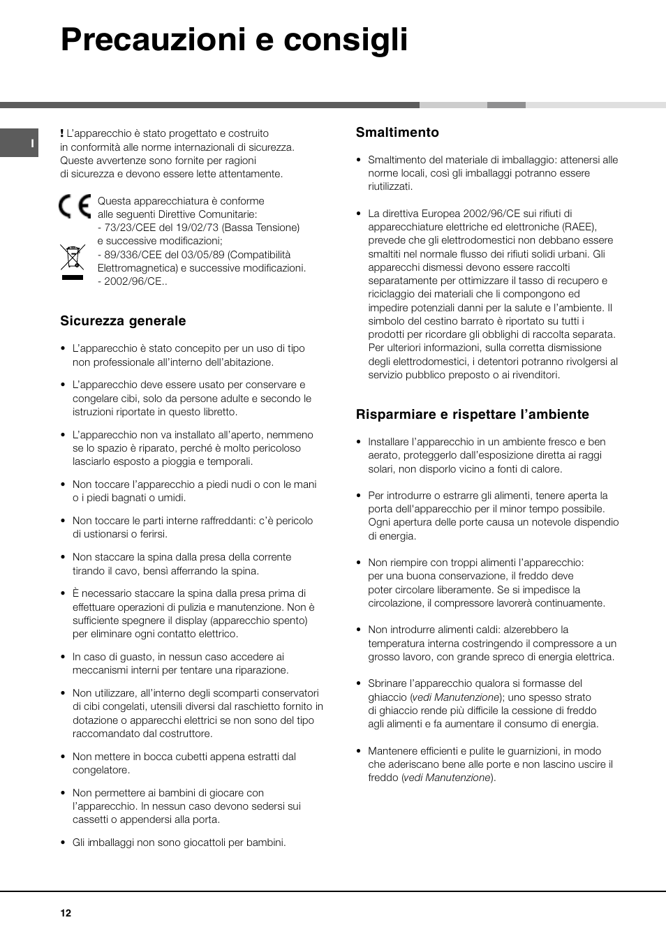 Precauzioni e consigli, Sicurezza generale, Smaltimento | Risparmiare e rispettare lambiente | Ariston MBT 2012 HA User Manual | Page 12 / 72