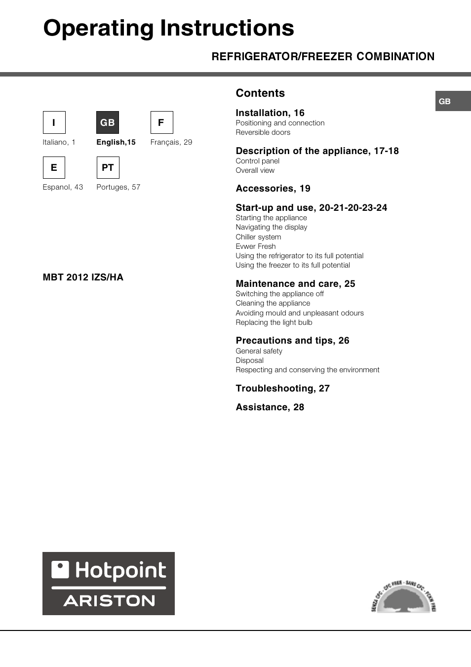 Operating instructions, Refrigerator/freezer combination contents | Ariston MBT 2012 HA User Manual | Page 15 / 72