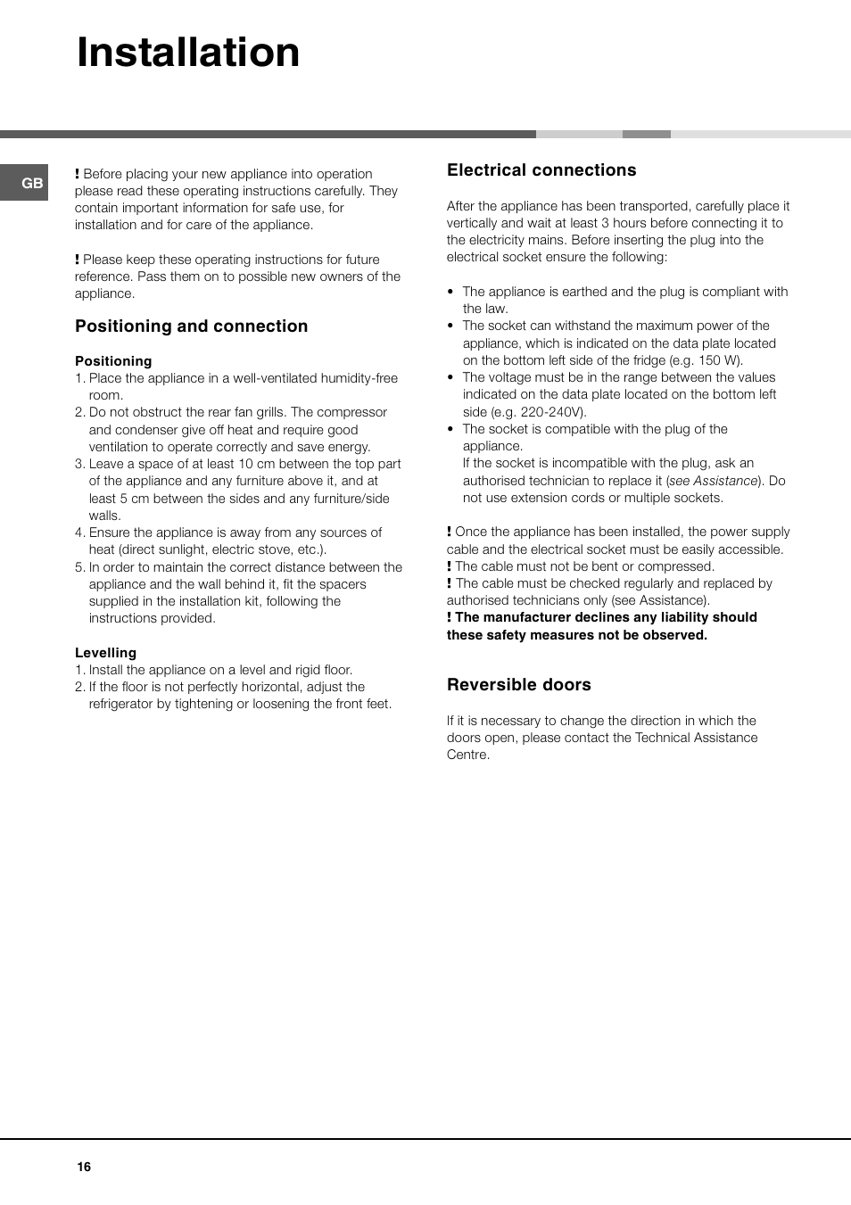 Installation | Ariston MBT 2012 HA User Manual | Page 16 / 72