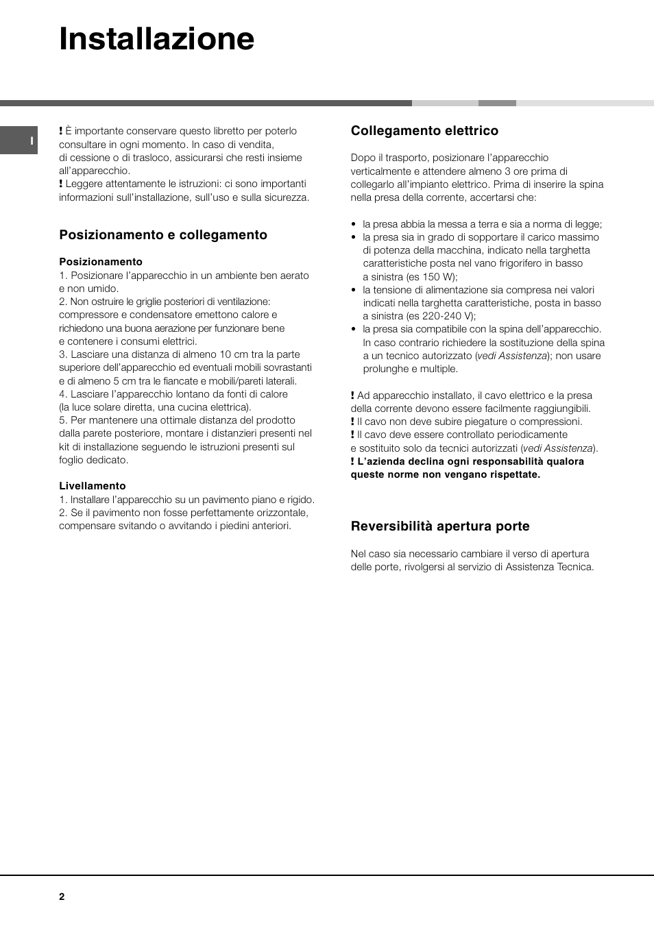 Installazione | Ariston MBT 2012 HA User Manual | Page 2 / 72