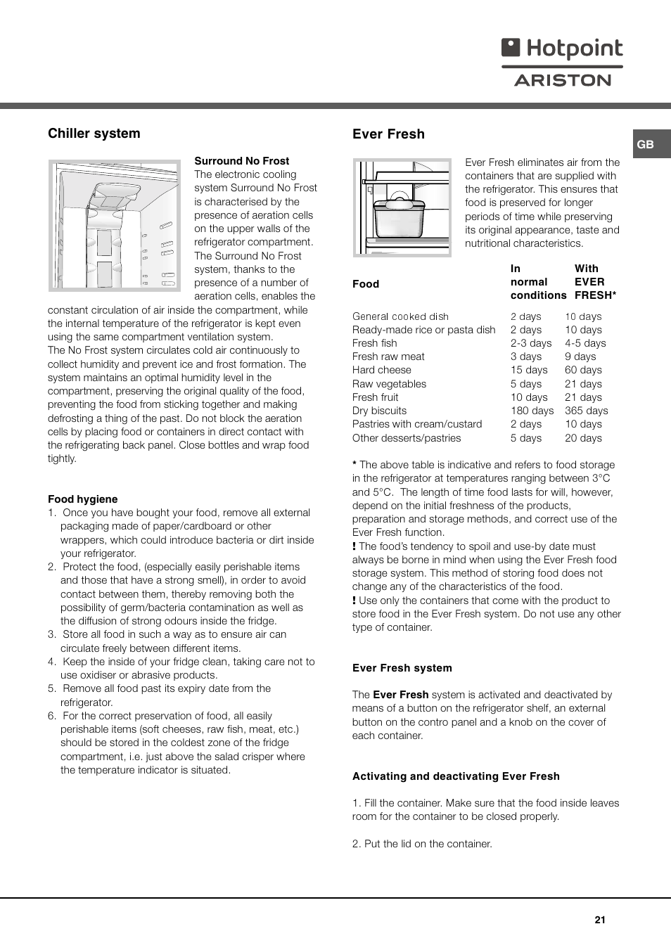 Chiller system, Ever fresh | Ariston MBT 2012 HA User Manual | Page 21 / 72