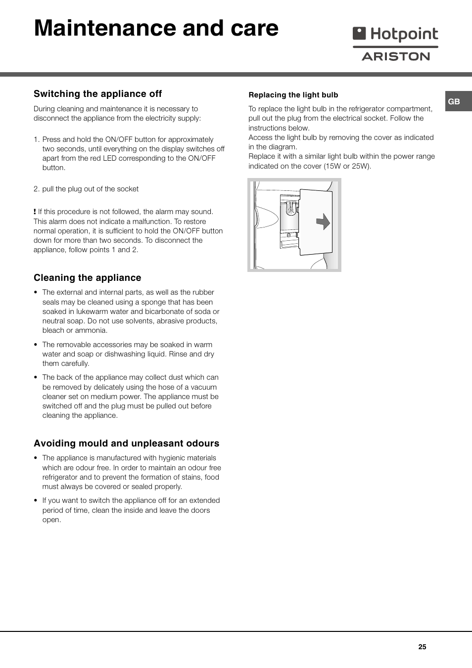 Maintenance and care | Ariston MBT 2012 HA User Manual | Page 25 / 72