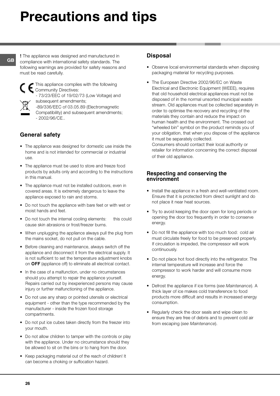 Precautions and tips, General safety, Disposal | Respecting and conserving the environment | Ariston MBT 2012 HA User Manual | Page 26 / 72