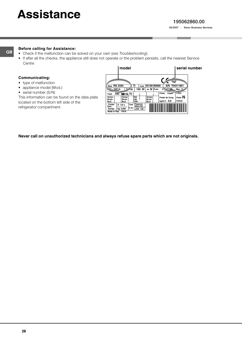 Assistance, Model serial number | Ariston MBT 2012 HA User Manual | Page 28 / 72