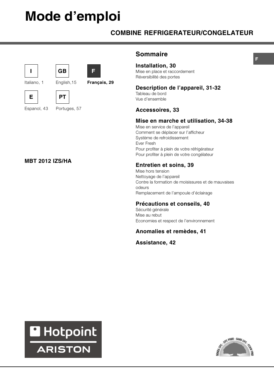 Mode demploi, Combine refrigerateur/congelateur, Sommaire | Ariston MBT 2012 HA User Manual | Page 29 / 72