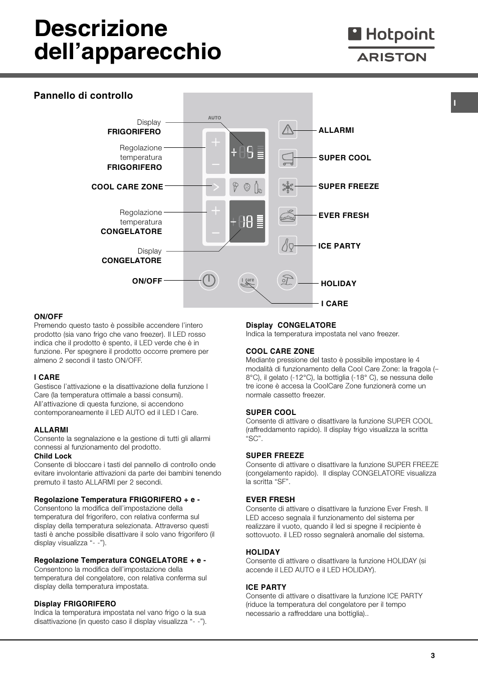 Descrizione dellapparecchio, Pannello di controllo | Ariston MBT 2012 HA User Manual | Page 3 / 72