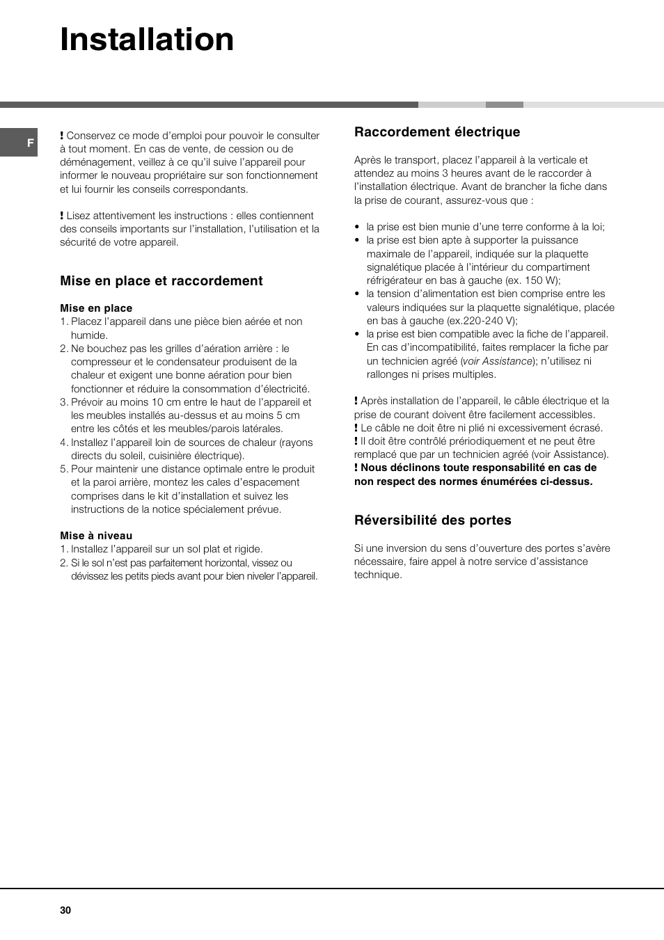 Installation | Ariston MBT 2012 HA User Manual | Page 30 / 72