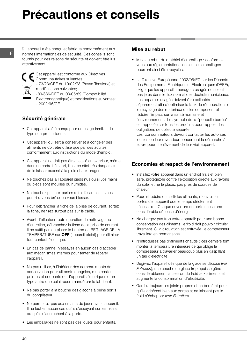 Précautions et conseils, Sécurité générale, Mise au rebut | Economies et respect de lenvironnement | Ariston MBT 2012 HA User Manual | Page 40 / 72