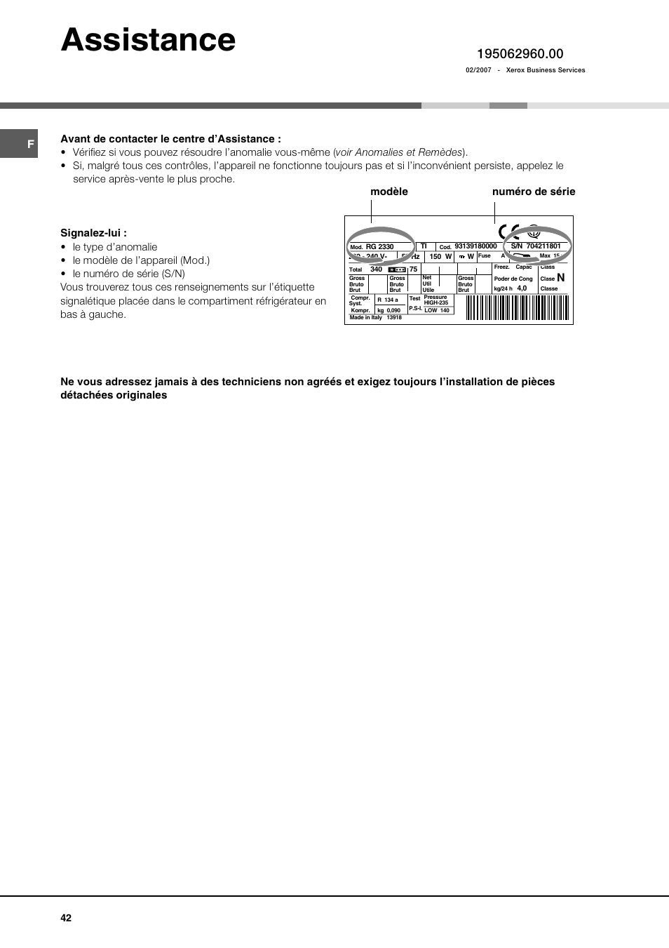 Assistance, Modèle numéro de série | Ariston MBT 2012 HA User Manual | Page 42 / 72