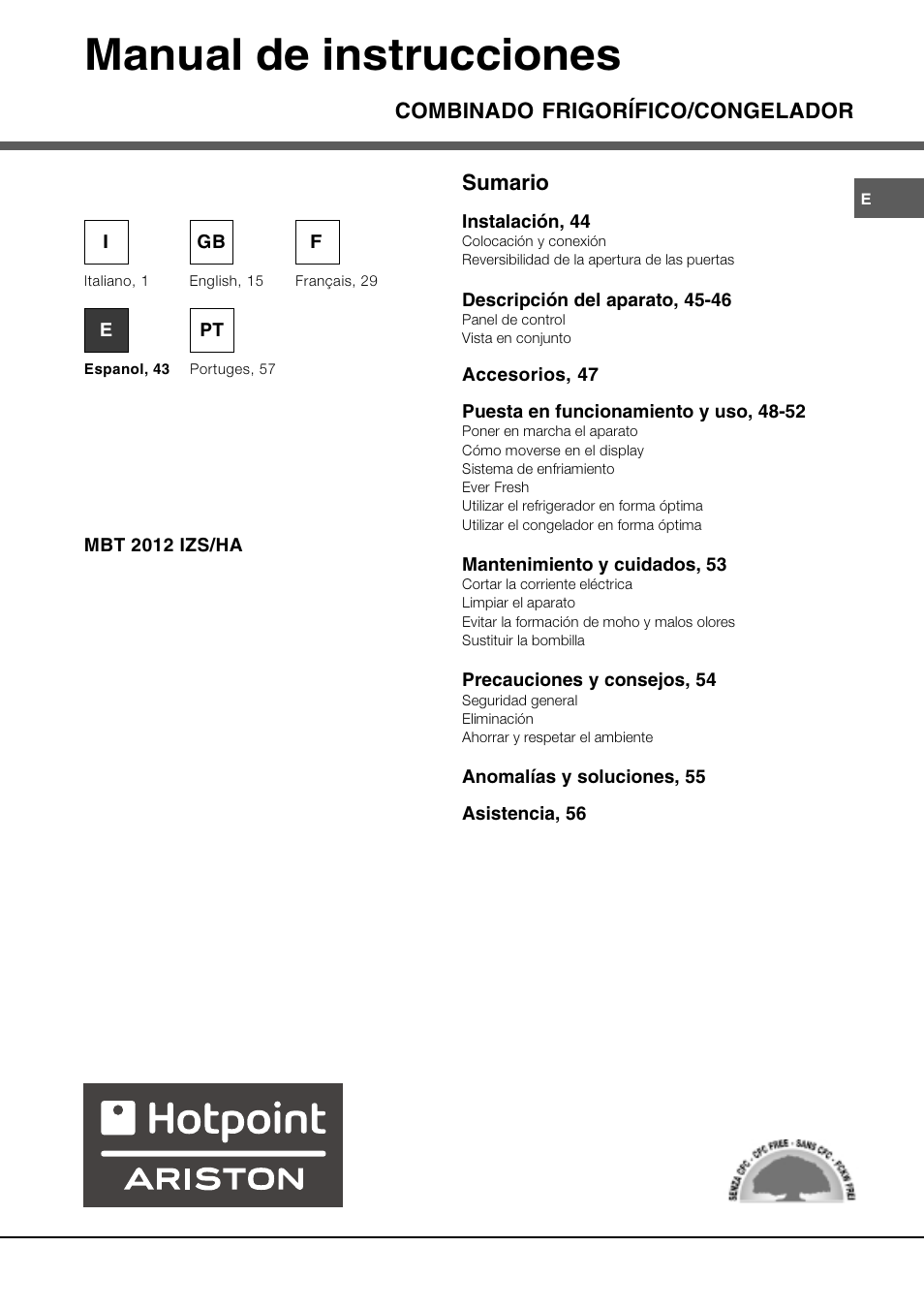 Manual de instrucciones, Combinado frigorífico/congelador, Sumario | Ariston MBT 2012 HA User Manual | Page 43 / 72