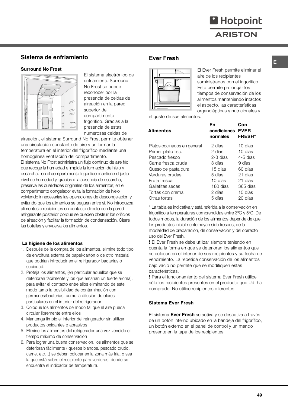 Sistema de enfriamiento, Ever fresh | Ariston MBT 2012 HA User Manual | Page 49 / 72