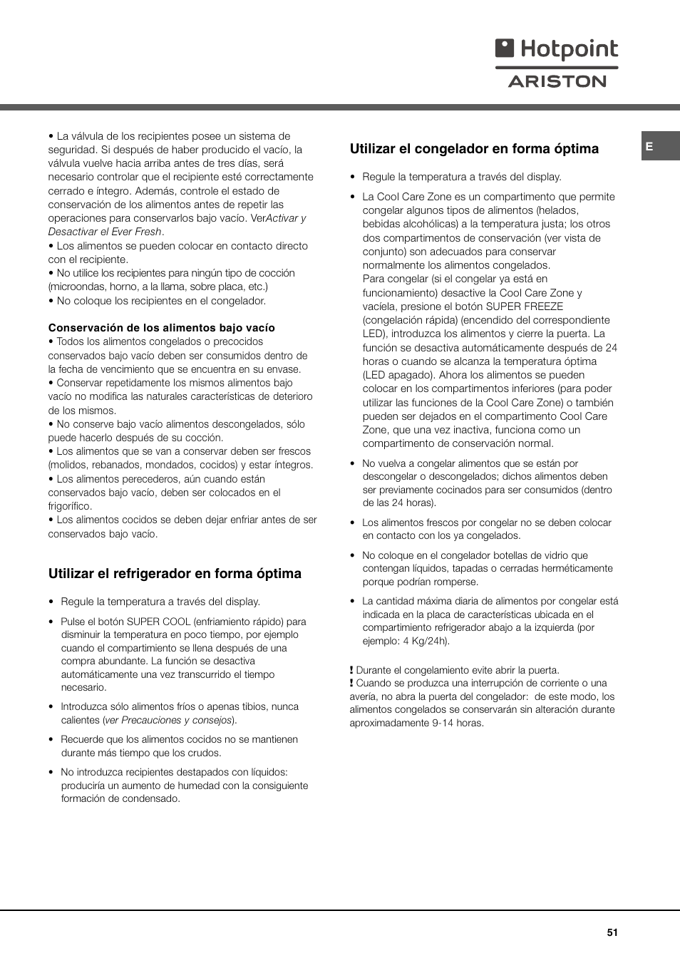 Utilizar el refrigerador en forma óptima, Utilizar el congelador en forma óptima | Ariston MBT 2012 HA User Manual | Page 51 / 72