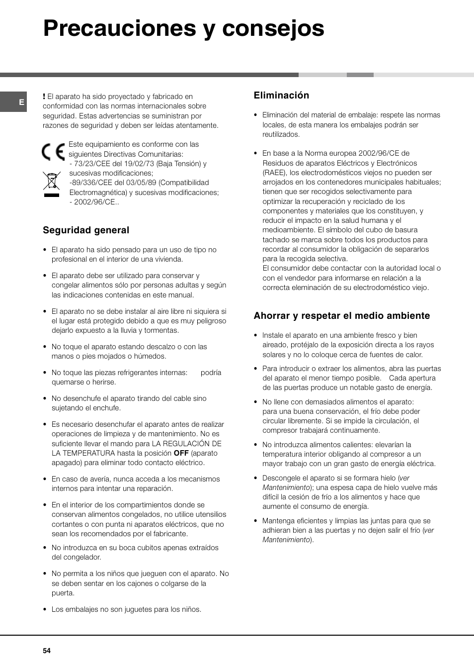 Precauciones y consejos, Seguridad general, Eliminación | Ahorrar y respetar el medio ambiente | Ariston MBT 2012 HA User Manual | Page 54 / 72