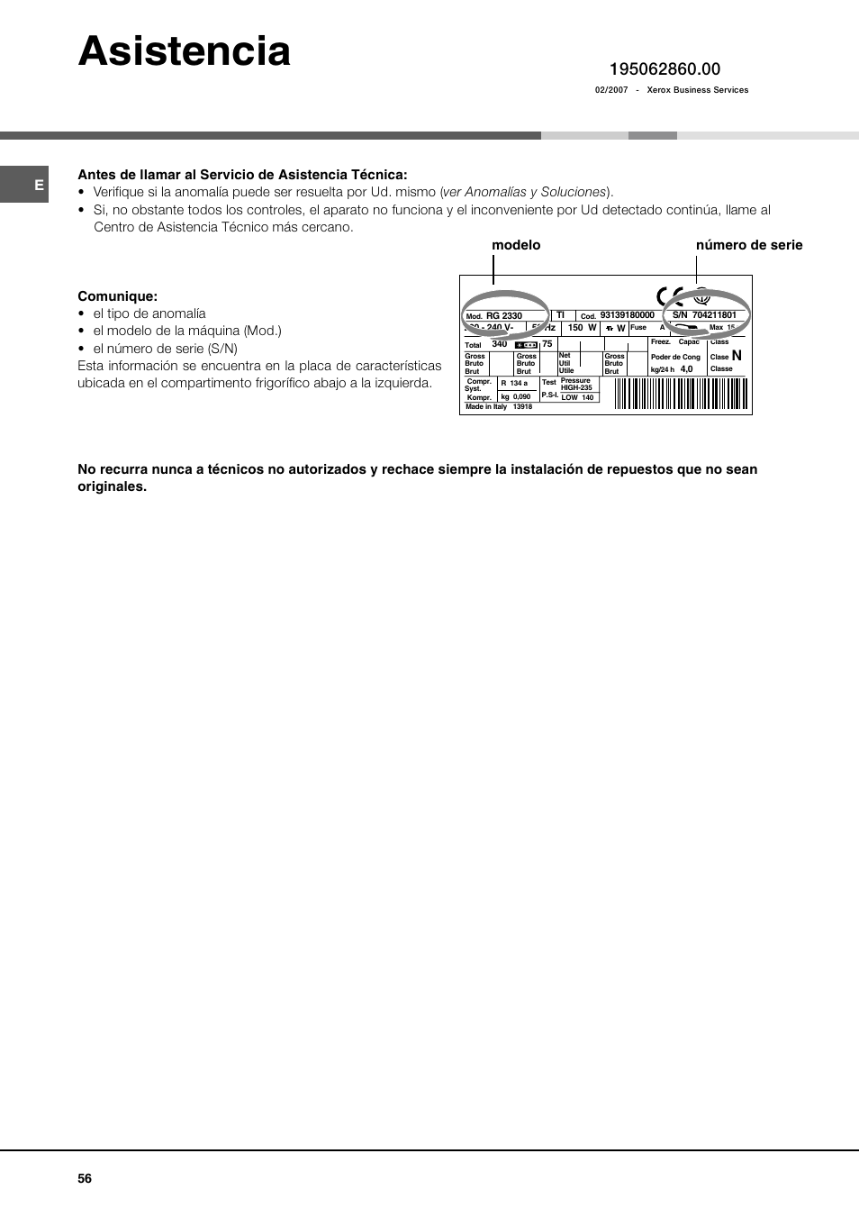 Asistencia, Modelo número de serie | Ariston MBT 2012 HA User Manual | Page 56 / 72
