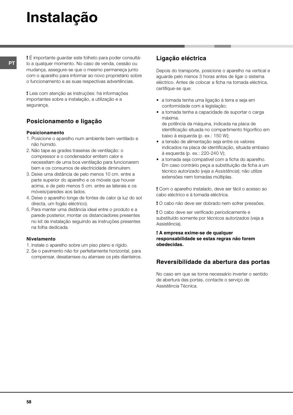 Instalação | Ariston MBT 2012 HA User Manual | Page 58 / 72
