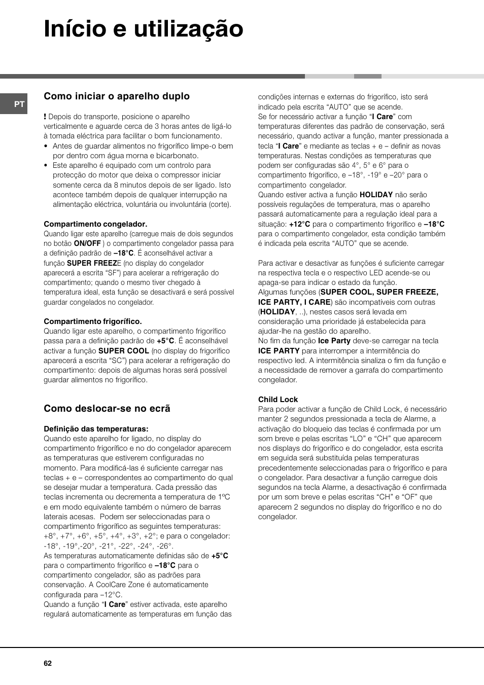 Início e utilização, Como iniciar o aparelho duplo, Como deslocar-se no ecrã | Ariston MBT 2012 HA User Manual | Page 62 / 72