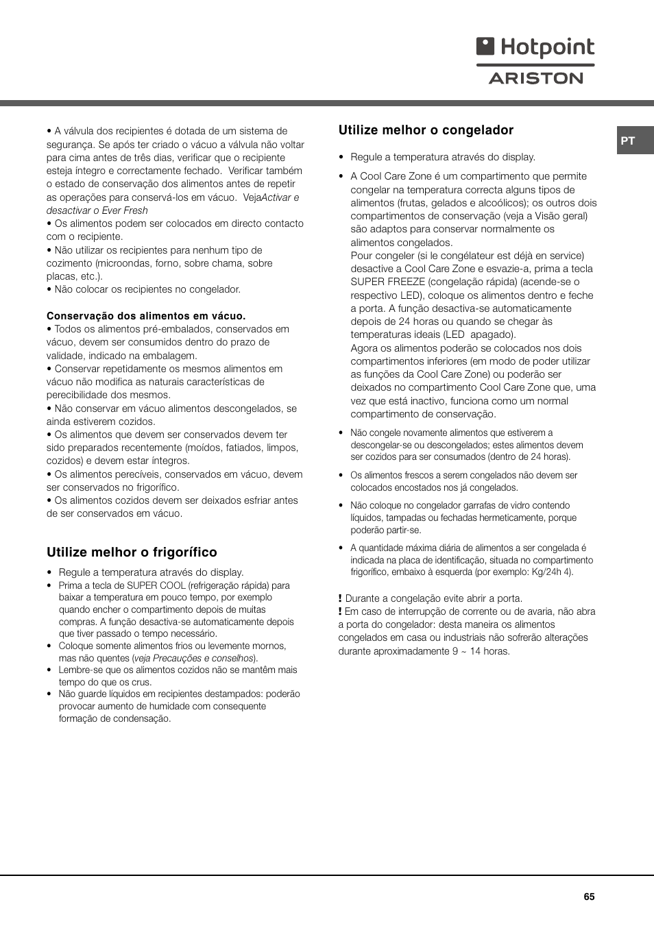 Utilize melhor o congelador, Utilize melhor o frigorífico | Ariston MBT 2012 HA User Manual | Page 65 / 72