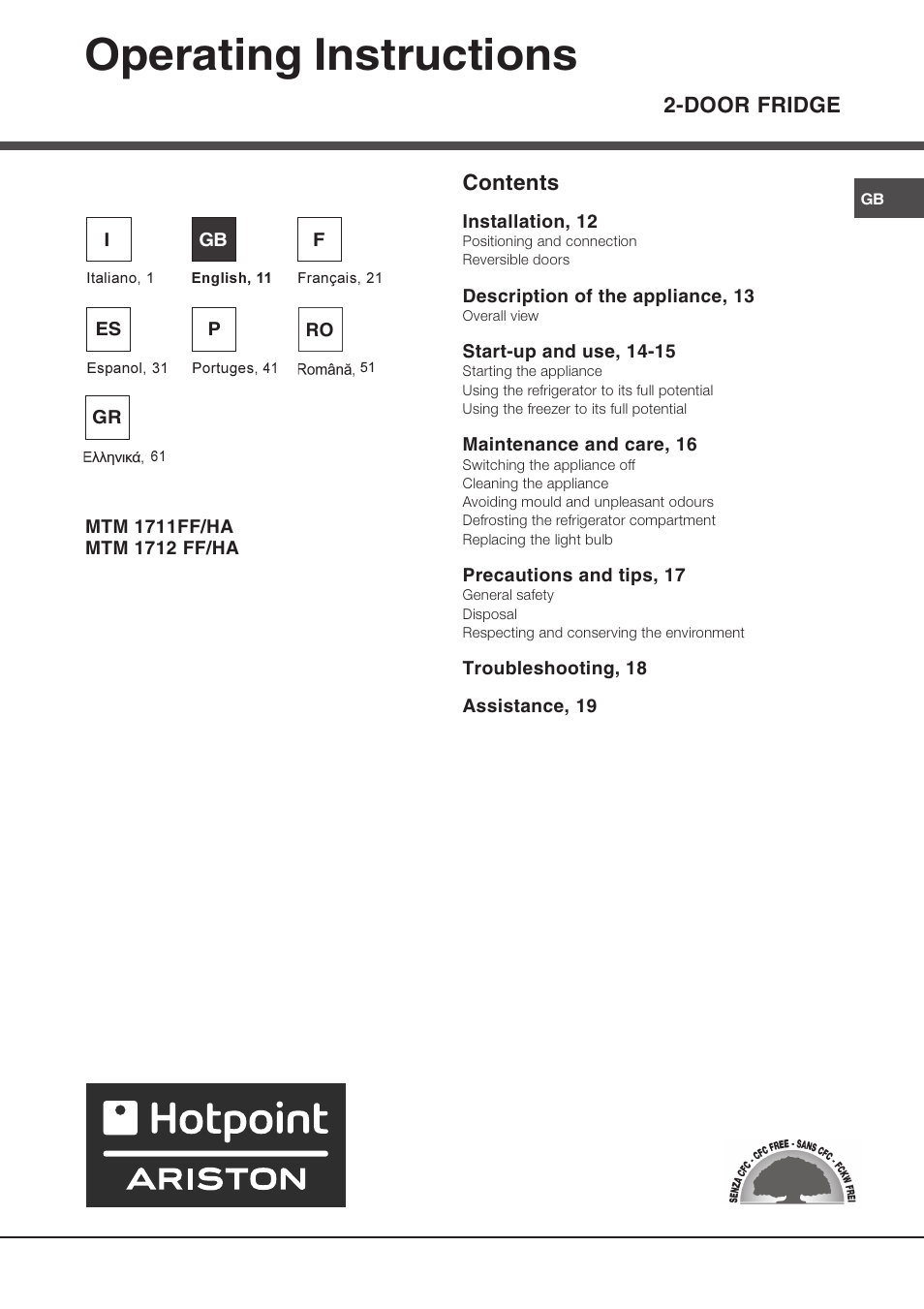 Operating instructions, Door fridge contents | Ariston MTM 1712 FF/HA User Manual | Page 11 / 72