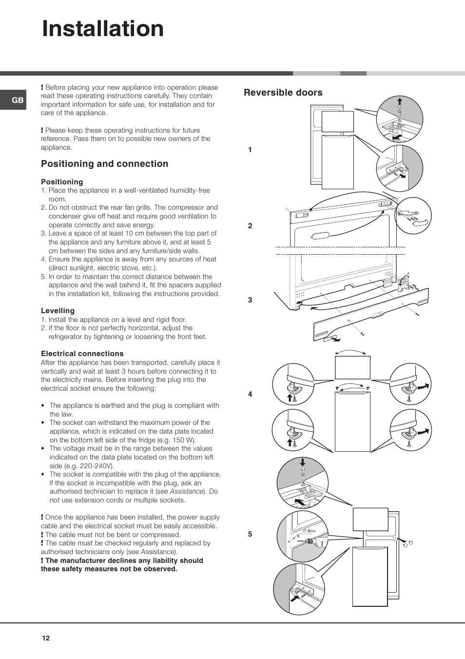 Installation, Reversible doors, Positioning and connection | Ariston MTM 1712 FF/HA User Manual | Page 12 / 72