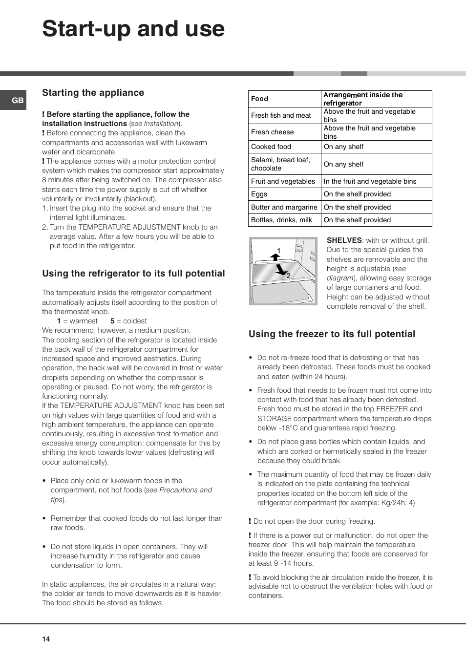 Start-up and use, Starting the appliance, Using the refrigerator to its full potential | Using the freezer to its full potential | Ariston MTM 1712 FF/HA User Manual | Page 14 / 72