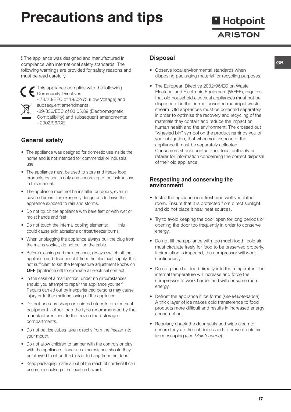 Precautions and tips, General safety, Disposal | Respecting and conserving the environment | Ariston MTM 1712 FF/HA User Manual | Page 17 / 72