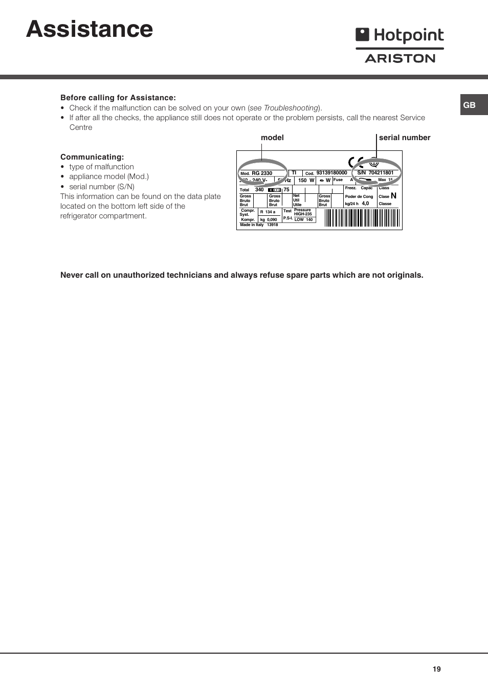 Assistance, Model serial number | Ariston MTM 1712 FF/HA User Manual | Page 19 / 72