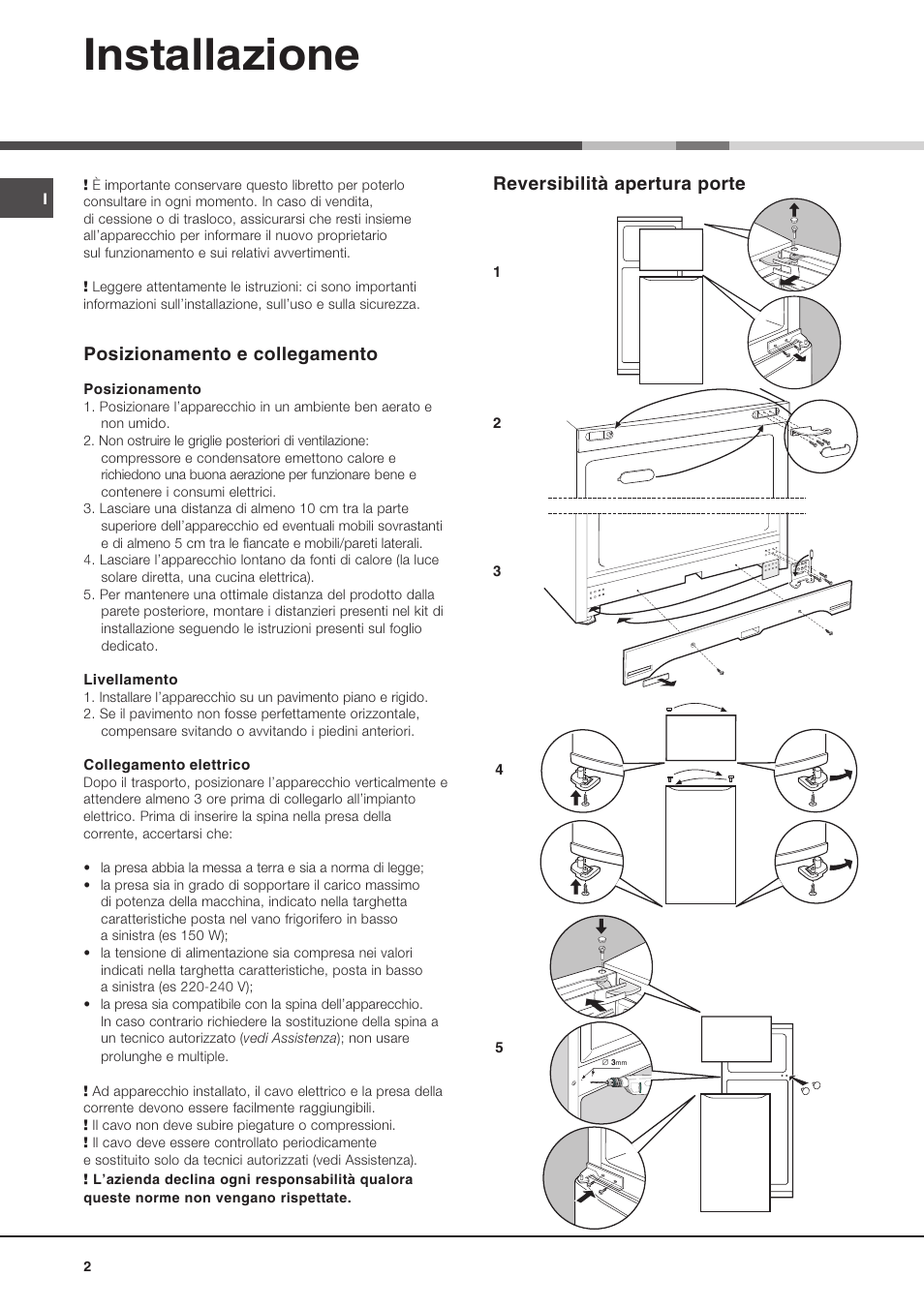 Installazione, Reversibilità apertura porte, Posizionamento e collegamento | Ariston MTM 1712 FF/HA User Manual | Page 2 / 72