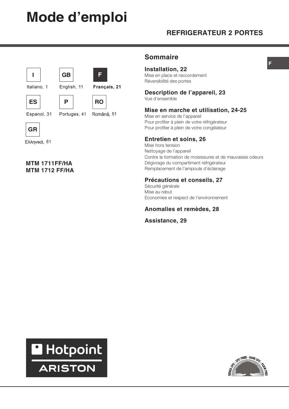 Mode demploi, Refrigerateur 2 portes, Sommaire | Ariston MTM 1712 FF/HA User Manual | Page 21 / 72