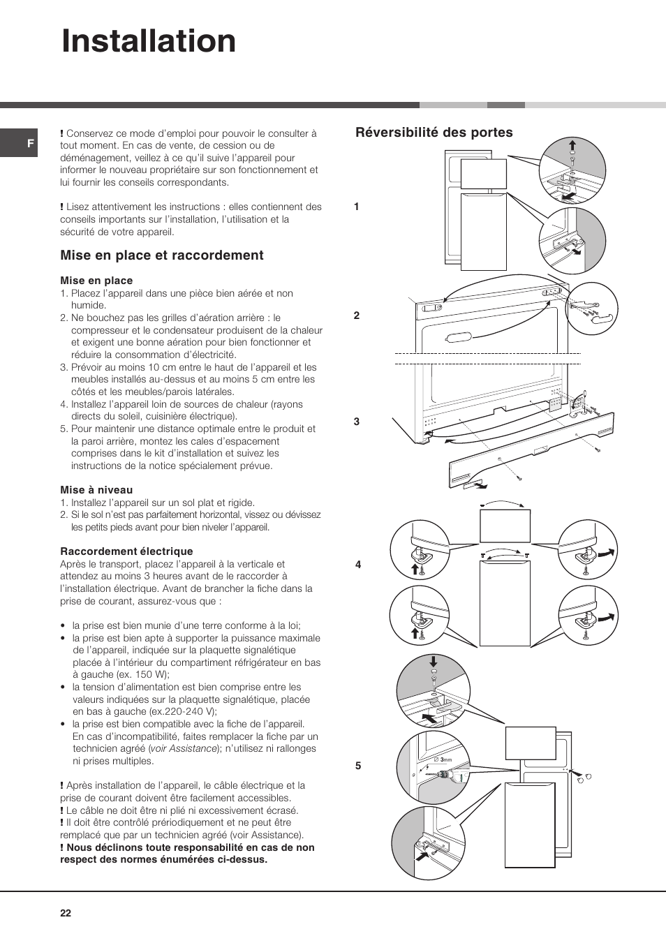 Installation, Mise en place et raccordement, Réversibilité des portes | Ariston MTM 1712 FF/HA User Manual | Page 22 / 72
