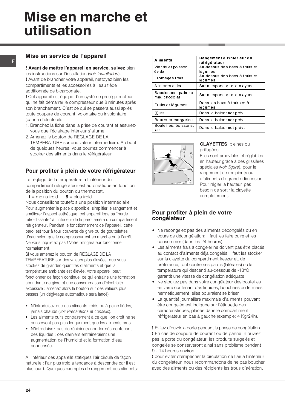 Mise en marche et utilisation, Pour profiter à plein de votre congélateur, Mise en service de lappareil | Pour profiter à plein de votre réfrigérateur | Ariston MTM 1712 FF/HA User Manual | Page 24 / 72