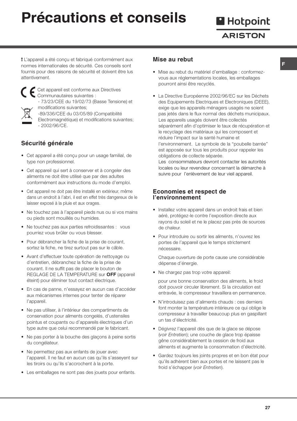 Précautions et conseils, Sécurité générale, Mise au rebut | Economies et respect de lenvironnement | Ariston MTM 1712 FF/HA User Manual | Page 27 / 72