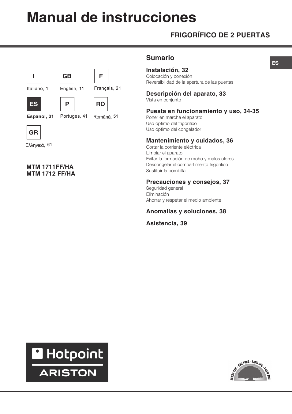 Manual de instrucciones, Frigorífico de 2 puertas sumario | Ariston MTM 1712 FF/HA User Manual | Page 31 / 72
